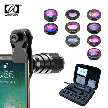 APEXEL 10 en 1 Lentilles de Téléphone de Lentille de la Caméra Kit Œil de Poisson à l'Échelle Macro Star Filtre CPL Lentilles pour Smartphone iPhone 11 Samsung Redmi