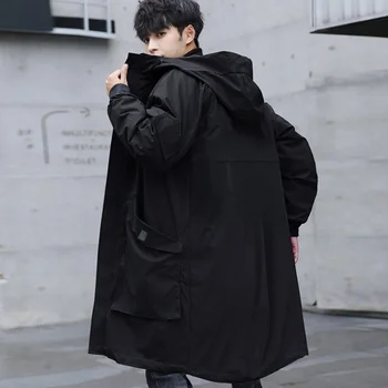 Coréen De La Mode Longue Veste Hommes Avec Capuche Noir Pur Veste Coupe-Vent À Capuche Manteau De L'Automne Des Hommes Big Poches Taille Extra-Large
