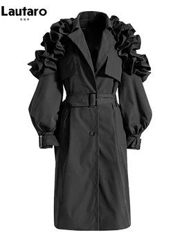 Lautaro Printemps Automne Longue Noir Khaki Trench-Coat pour les Femmes Ceinture de Chic et d'élégance de Luxe de style de Concepteur de Vêtements de la Piste de la Mode
