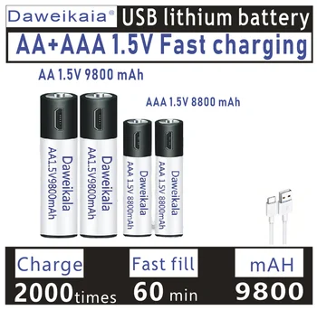1.5 V AA + AAA USB Batterie Rechargeable AA 9800mAh/AAA 8800mAh, Li-ion pour des Jouets Regarder Lecteur MP3 Thermomètre+ Câble