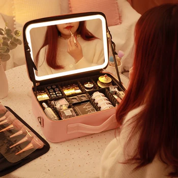2022 Nouvelle Smart LED trousse de Maquillage Avec Miroir de Grande Capacité Professionnelle PU Imperméable de Voyage en Cuir Cosmétiques Cas Pour les Femmes