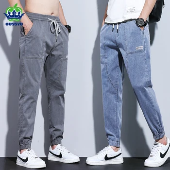 2023 de l'Été Hommes de Jeans Jogger Mince Sarouel Coton Bandes de Pantalon, de la Corée du Style Bleu clair Hip Hop Faisceau Pieds Casual Pantalons Hommes