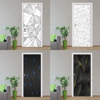 3D en trois dimensions géométriques de la porte vignette en noir et blanc de style approprié pour porte de chambre à coucher autocollant de PVC imperméable à l'eau auto-adhésif