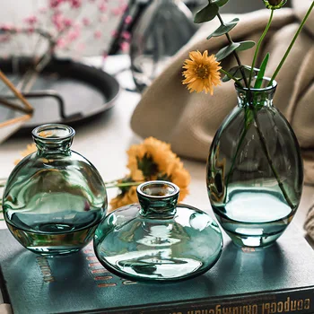 3Pcs Classique Créatif Mini Vase de Qualité Supérieure en Verre Transparent Maison Déco Salon Bouteilles de Réactif de Vase à Fleur en Gros Bleu