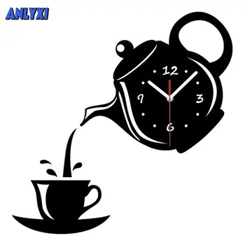 Créatif Tasse de Café Théière Horloge Murale 3D en Acrylique en Forme de Bouilloire Horloges murales pour Bureau à la Maison Cuisine salle à Manger Salle de Séjour de Décoration