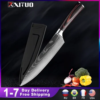 De haute qualité 440C allemand, Couteau de Cuisine de Damas Modèle Laser Utilitaire Couteau de Chef à EDC Cleaver Filetage Santoku Meilleur Outil de Cuisine