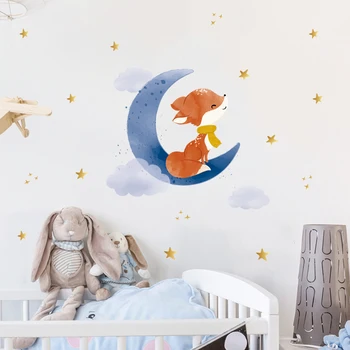 Dessin animé Mignon d'Animaux sur La Lune Fox Stars Sticker Mural Enfants Pépinière Amovibles en Vinyle Autocollants muraux Bébé, Enfants, Décoration de Salle
