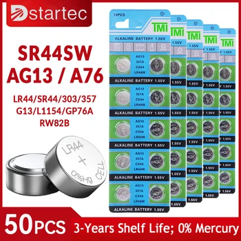 DStartec 50PCS AG13 LR44 A76 Bouton de Cellules de Pièce de monnaie Alcaline Pile 1,55 V SR44SW L1154 SP76 pila 357 303 pour les Montres Jouets Pas de Mercure