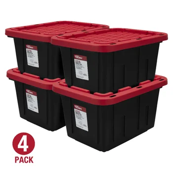 Hyper Dur de 12 Gallons Couvercle Snap bac de Stockage de Conteneurs, Noir, Rouge Couvercle, Ensemble de 4storage boîtes de rangement boîte de rangement
