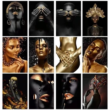 L'Art africain Noir et Or Femme la Peinture à l'Huile sur Toile Cuadros, Affiches et Estampes Scandinaves Mur d'Art de l'Image pour la Salle de Séjour