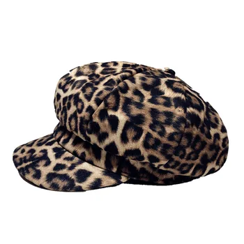 Les femmes Leopard Print Béret chapeau de l'Hiver au Chaud Peintre cap Rétro Style Britannique Octogonale de la Marine Chapeau de plein air Newsboy cap