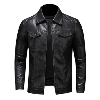 Les hommes de la moto veste en cuir grande taille poche noir fermeture à glissière revers slim fit Hommes de printemps et d'automne de PU de haute qualité Manteau M-5TG