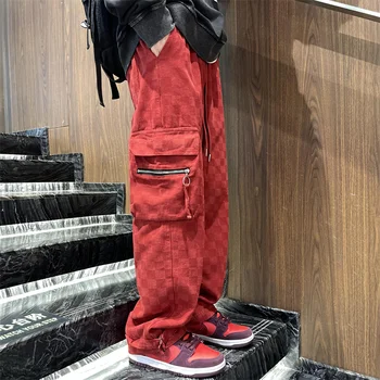 Les Hommes japonais de l'Échiquier Vérificateur de Jeans à la Mode de la Rue Hip-Hop en Vrac Directement de Jambe Large Pantalon de Couple Vêtements d'extérieur Pantalon Rouge Noir