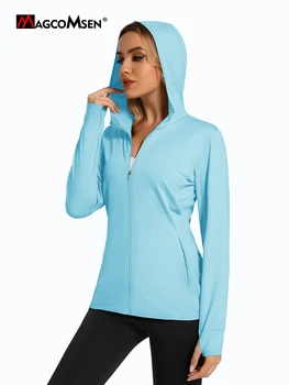 MAGCOMSEN Printemps Léger Vestes Femmes de l'UPF 50+ Protection solaire Hooded Zip Shirts de Course Athlétique Tops Trous de Pouce de la Randonnée