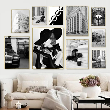 Moderne Noir Blanc Mode Femme Affiches De Voiture De Luxe À Vélo Drôle De Chien De Peintures Décoratives Mur D'Art De Toile Des Photos De Fille Chambre Au Décor