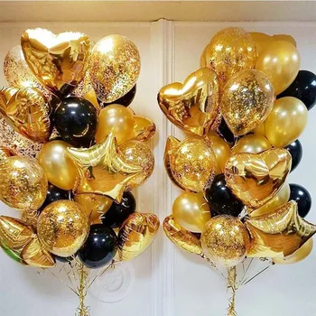 Or des Confettis, des Ballons Mixtes de 18 pouces Étoiles Cœur papier d'Aluminium Ballon de Fête d'Anniversaire d'Or Noir en Latex Ballon d'Air Boule de Décorations de Mariage