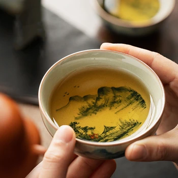 Peint à la main de Pu er Bol Tasse Chinoise Antique Paysage de la Poterie Jingdezheng Tasses Tasse de Thé Ensemble Teaware Bateau Tasses Pour la Cérémonie de Thé