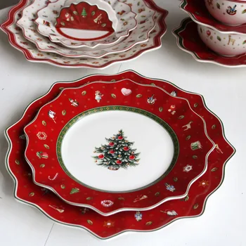 Rouge de noël de la vaisselle en céramique,Rouge & Blanc Modèles de Noël des Plaques en Céramique à la Main Estampillé Conception de Vacances