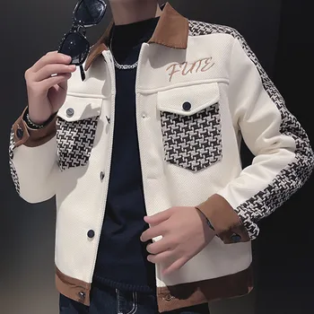 Vintage Motif Géométrique Patchwork Couture Jacket Mens De L'Automne Revers De La Moto Veste En Coton Coréen Slim Britanniques Veste Décontractée
